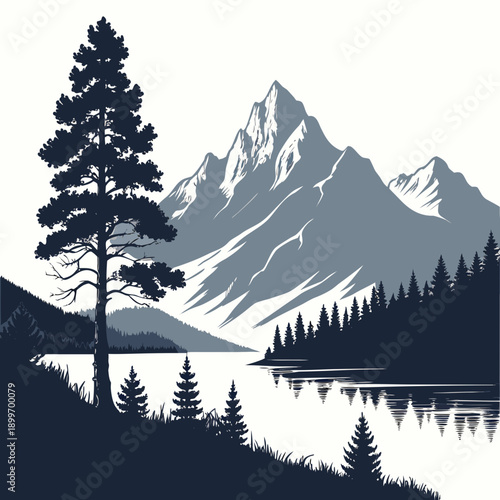 A solitary tree stands tall in a serene mountain landscape with a calm lake below.