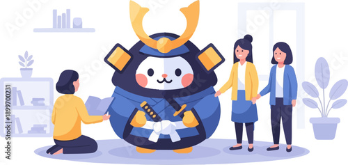 A cute white animal in samurai armor with two women and a bookshelf