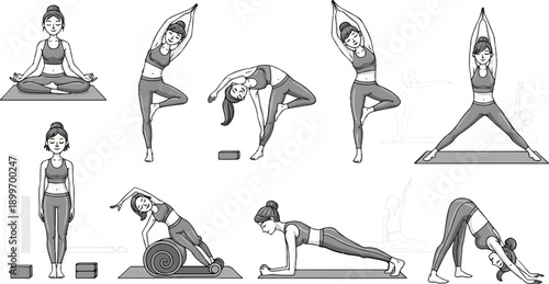 A collection of women performing various yoga poses for fitness and relaxation