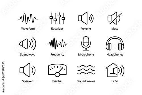 Audio icon set featuring volume equalizer soundwave microphone headphones