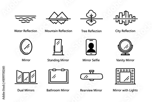 Outline icons of different reflections and mirror types: water, mountain, tree, city, vanity, rearview