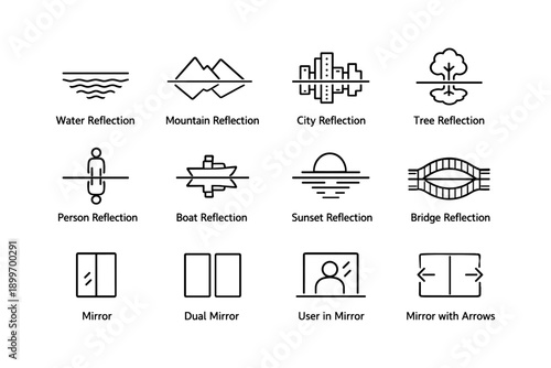 Minimalist icon set illustrating different reflection and mirror concepts