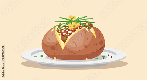 A loaded baked potato topped with cheese, chili, and chives