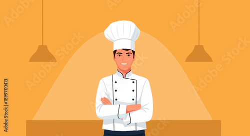 Cheerful chef in uniform with crossed arms in a kitchen setting