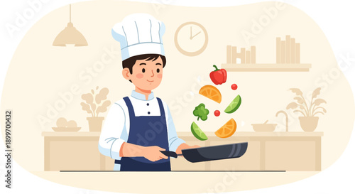 Cheerful chef in uniform tossing fresh vegetables and fruits in a pan