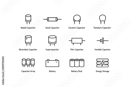 Collection of various capacitors and battery icons for electrical components
