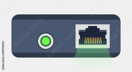 A dark blue electronic device with a green indicator light and an Ethernet port