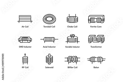 Various electronic components: air coil, toroidal coil, inductor, transformer, balun