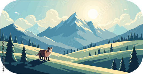 A lone dog stands in a valley with snow-capped mountains in the distance