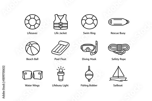 Set of 12 nautical and swimming equipment icons in black and white line art
