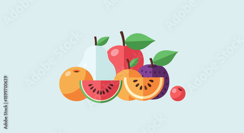 A colorful assortment of stylized fruits, including apples, pears, and berries
