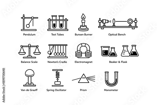 Laboratory equipment icons: pendulum, test tubes, bunsen burner, optical bench, electromagnet, prism