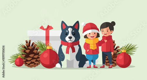 Cheerful children and dog with Christmas decor