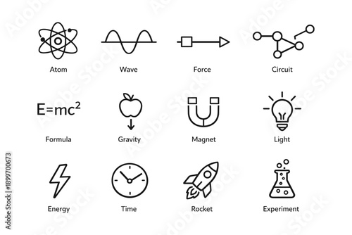 Science icon set featuring physics and chemistry symbols
