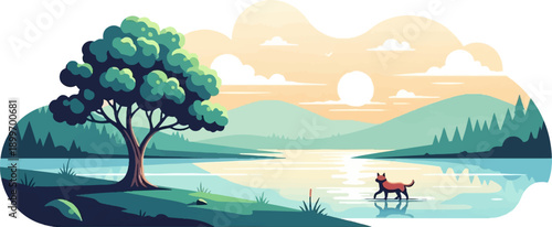 A lone dog wades in a tranquil lake reflecting the setting sun and hills