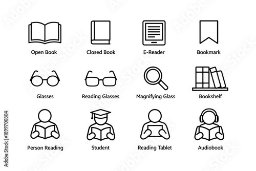 Library icon set: books, devices, accessories, reading essentials