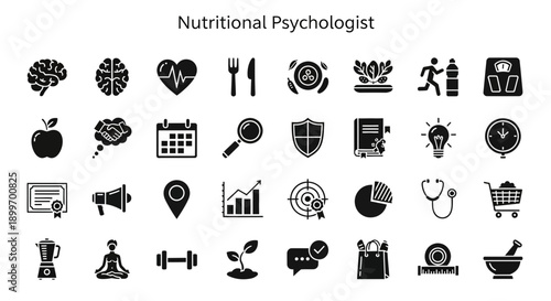 Nutritional Psychology Icons Set Health, Wellness, Diet, and Mental Wellbeing Concepts