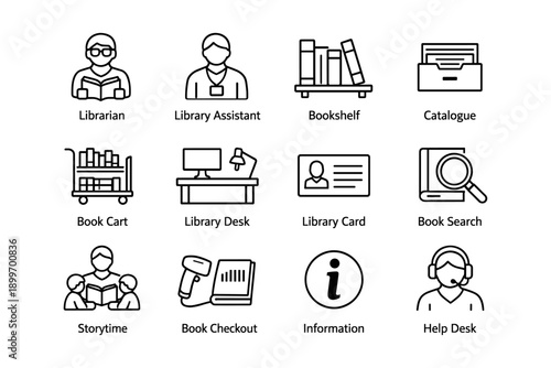 Library icons: diverse roles and essential tools for an organized library system