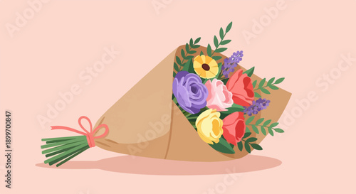 A colorful bouquet of flowers wrapped in brown paper with a pink ribbon