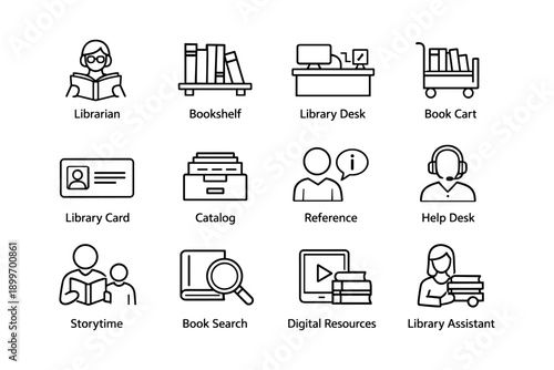 Library icons set featuring librarian, bookshelf, library desk, and more