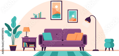 A cozy living room scene with purple sofa, plants, art, and a floor lamp