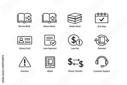 Library service icons for book borrowing renewal and support