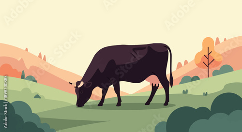 A dark cow grazes in a stylized landscape of rolling hills and trees
