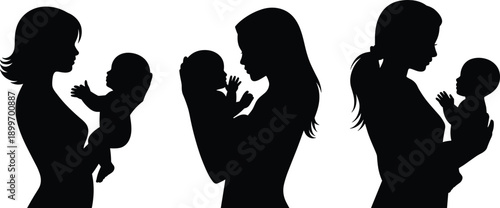 Mother and baby silhouettes showing maternal bonding, newborn care and parenting love isolated background for family, motherhood and childcare concept
