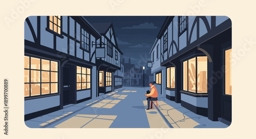 A lone figure sits on a stool outside shops on a cobbled street at dusk