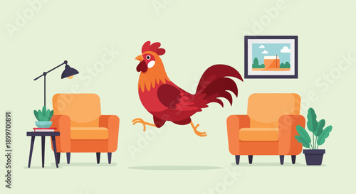 A rooster walks through a living room with two chairs and a lamp