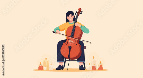 A person plays the cello with candles lit around them