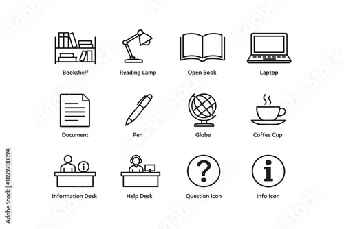 Library and office line icons: bookshelf, lamp, book, laptop, document, pen