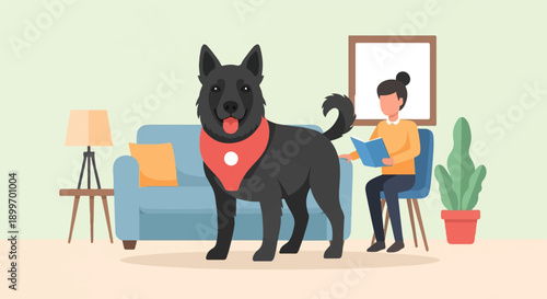 A person reads a book next to a dog and sofa in a room