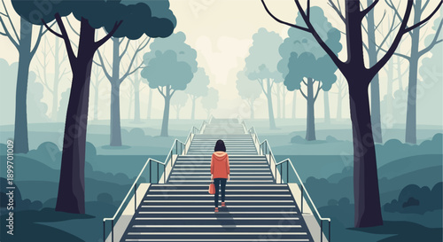 A lone figure walks up a long staircase in a misty, tree-lined park