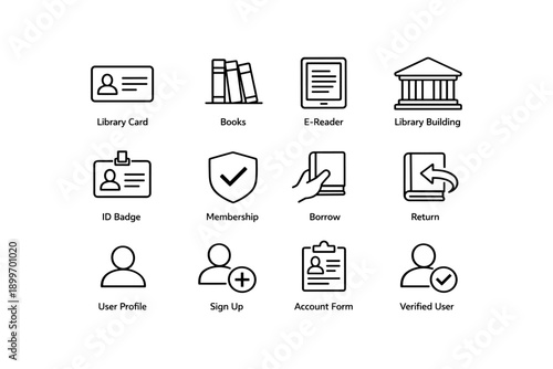 Library icons: cards, books, e-reader, building, profile, membership, return, verified