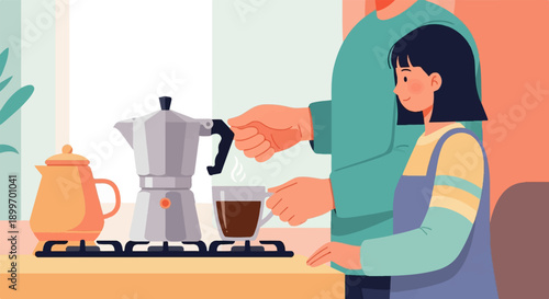 A person pours coffee into a mug while a child watches nearby