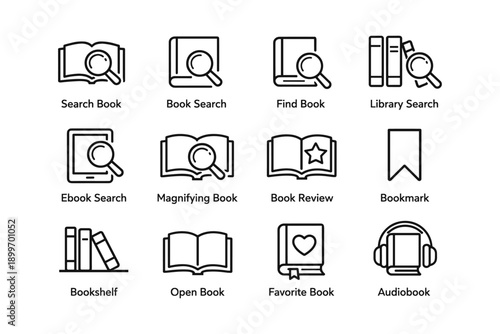 Library icons for book search, reviews, and audiobook access
