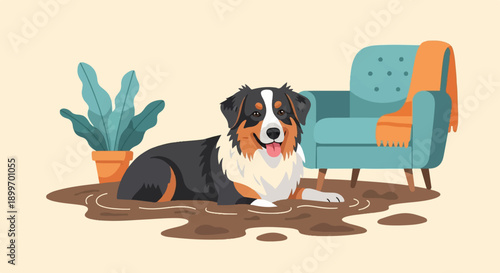 A happy dog lies in a puddle of mud next to a potted plant and armchair