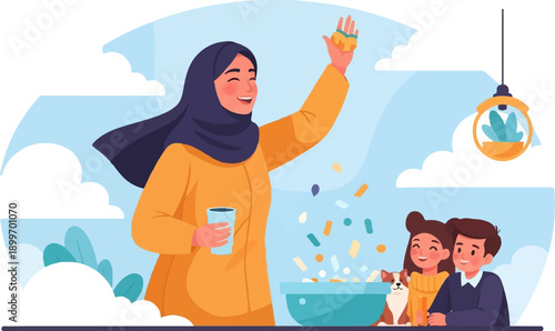 Cheerful family enjoying a meal preparation session with a pet dog