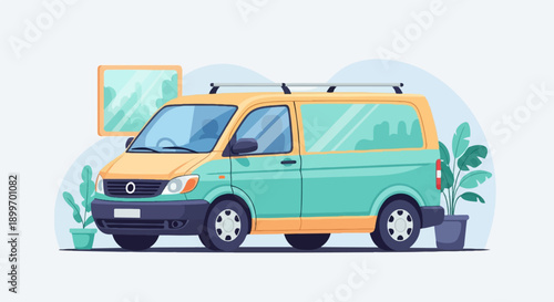 A colorful cartoon van is parked next to potted plants