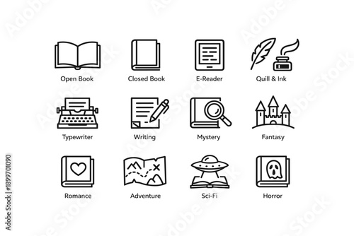 Book and writing icons: open book, closed book, e-reader, quill, ink, typewriter, writing, mystery, fantasy, romance, adventure, sci-fi, horror