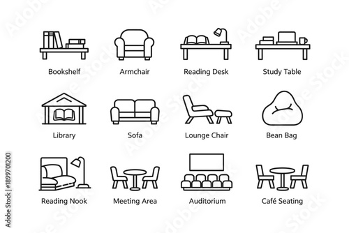 Icon set depicting furniture and spaces for reading and meeting