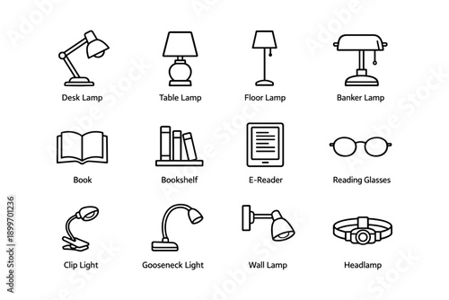 Vector icons of lamps books glasses e-reader for home office decor