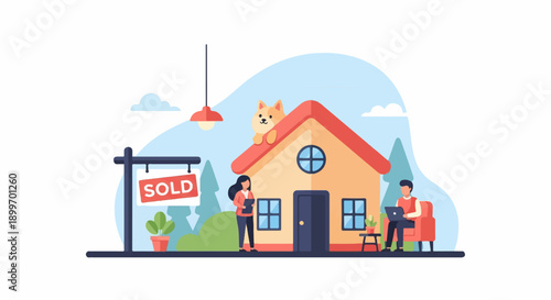 A happy family celebrates their new home purchase with their dog on the roof
