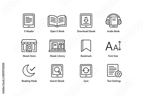 Digital reading icons: e-reader, ebook store, audio books, font size, sync