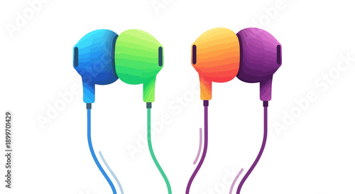 Colorful earbuds with gradient hues and matching cords showcased against a clean backdrop
