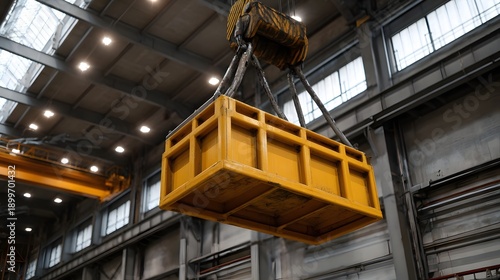 Industrial crane lifting a yellow metal container within a spacious factory hall