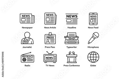 Journalism icons set featuring newspaper, journalist, microphone, radio, tv, and globe