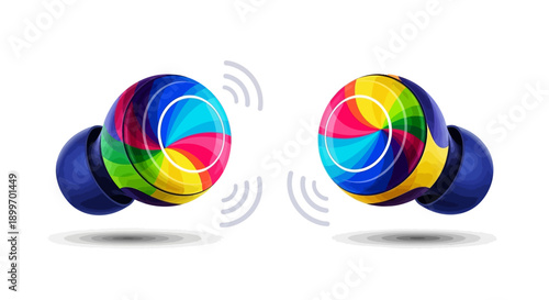 Vibrant earbuds with colorful swirling patterns on the outer casing, showcasing a dynamic design and modern technology in a clean white background from a front viewpoint