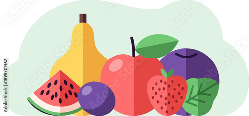 A colorful, flat illustration of assorted fruits, including a pear, apple, strawberry, plum, watermelon, and blueberry